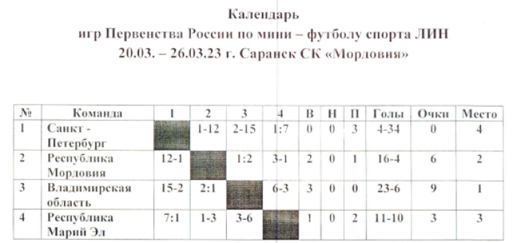 Адаптивный - мини-футбол ЛИН Саранск - таблица итог