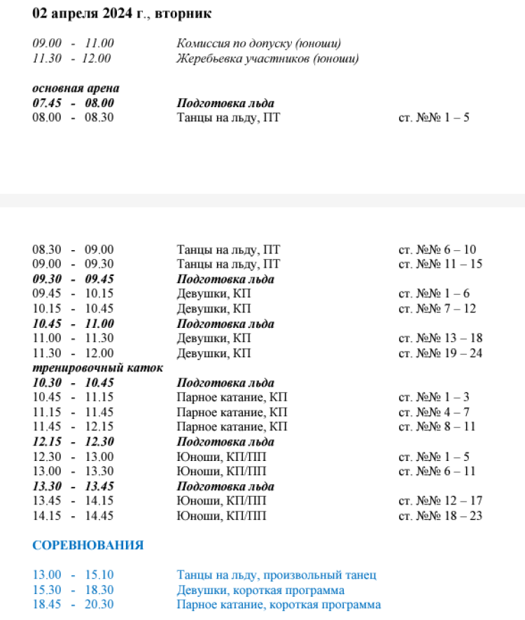 Фигурное катание - Казань 2024 юноши девушки старшие - расписание2