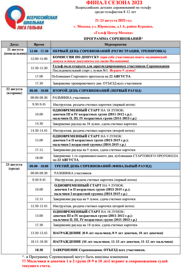 Гольф - Куркино финал ВШЛ - программа