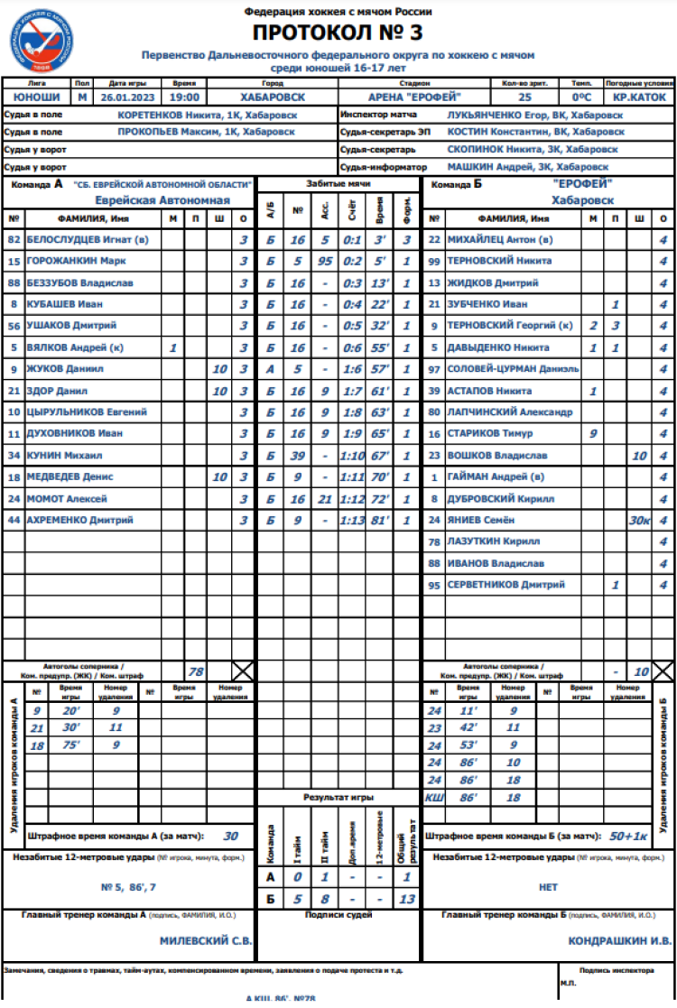 Хоккей с мячом - Хабаровск 2006-2007 предварительный - протокол3