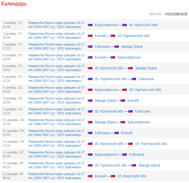 Хоккей с мячом - Красноярск 2023 - девушки 16-17 лет - календарь