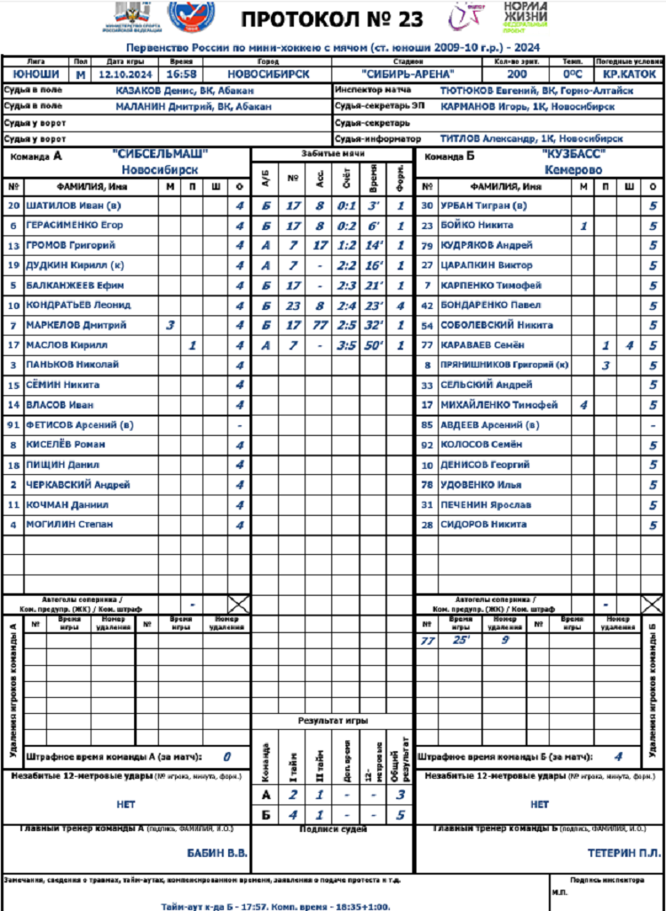 Хоккей с мячом - мини - Новосибирск 2024 - юноши 14-15 лет - протокол титул
