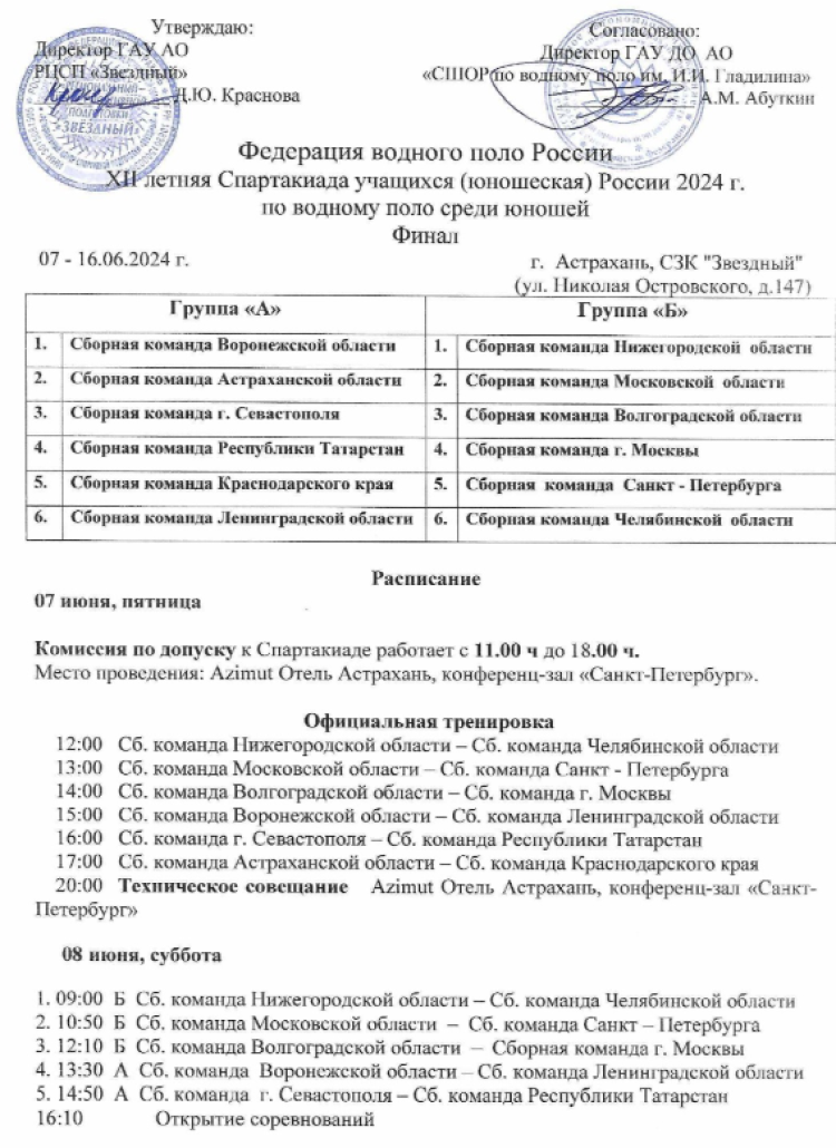 Летняя Спартакиада учащихся - водное поло юноши 2024 - Астрахань - расписание1