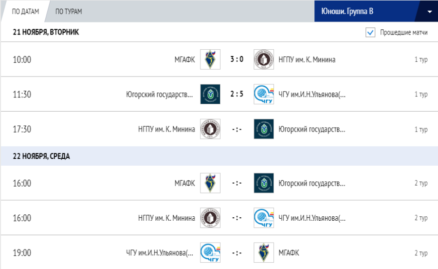 Мини-футбол - Кубок России среди вузов 2023 - юноши группа В - календарь игр