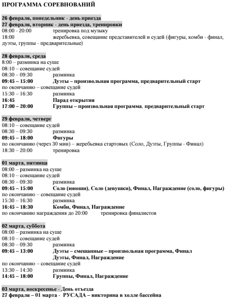 Синхронное плавание - Чехов юноши 13-16 лет девушки 13-15 лет - программа