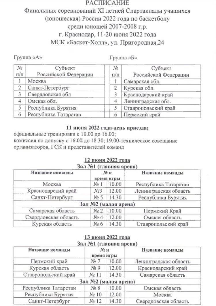 Спартакиада - баскетбол юниоры - расписание1