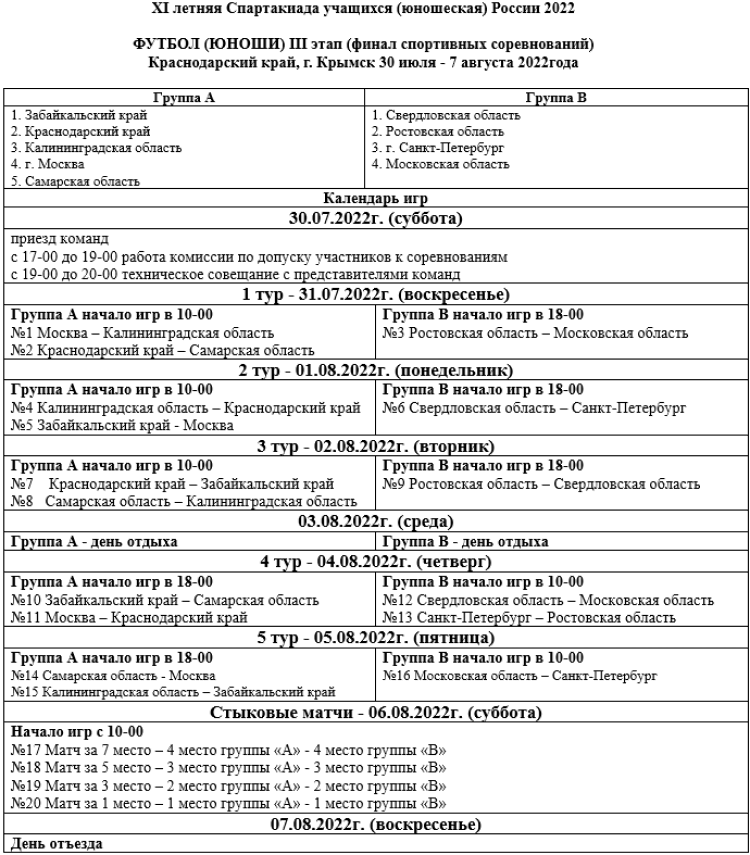 Спартакиада - футбол юноши - Крымск - календарь игр