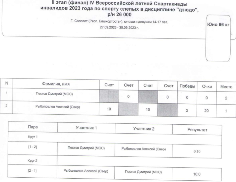 Спартакиада инвалидов - дзюдо слепые Салават - юноши до 66 кг итог