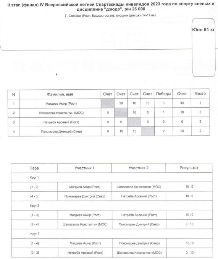 Спартакиада инвалидов - дзюдо слепые Салават - юноши до 81 кг итог