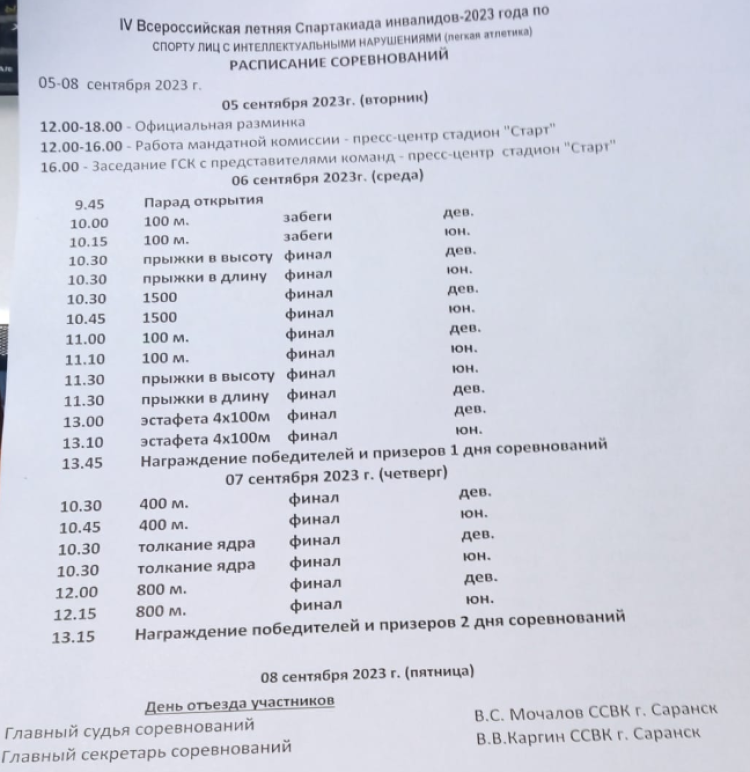 Спартакиада инвалидов - легкая атлетика ЛИН Саранск - программа
