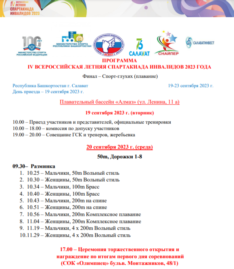 Спартакиада инвалидов - плавание глухие - Салават - программа1