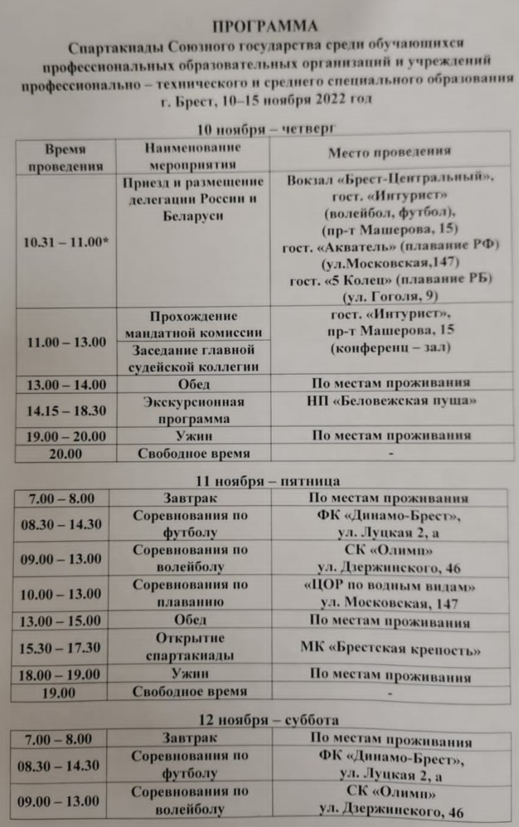 Спартакиада Союзного государства - 4-й этап Брест - программа1