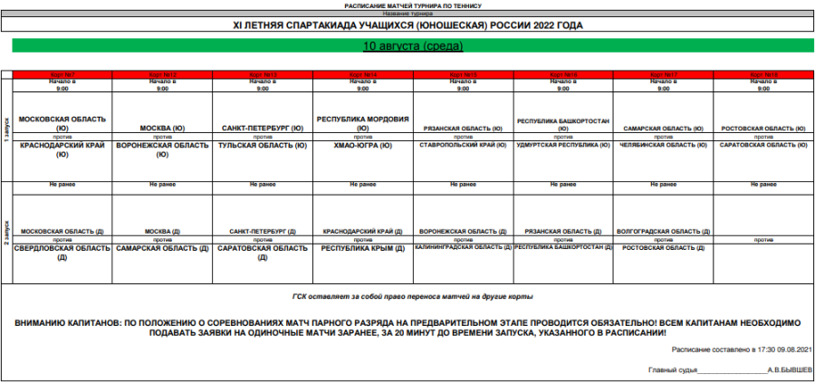 Спартакиада - теннис Рязань - расписание игр на 10 августа