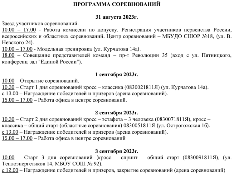 Спортивное ориентирование - Воронеж - кросс до 17 лет до 21 года - программа