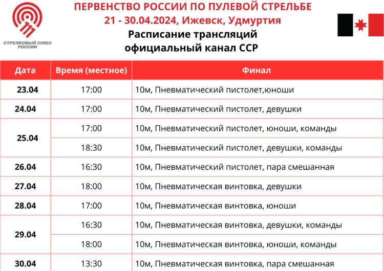 Стрельба пулевая - Ижевск пневматика до 17 лет - расписание трансляций