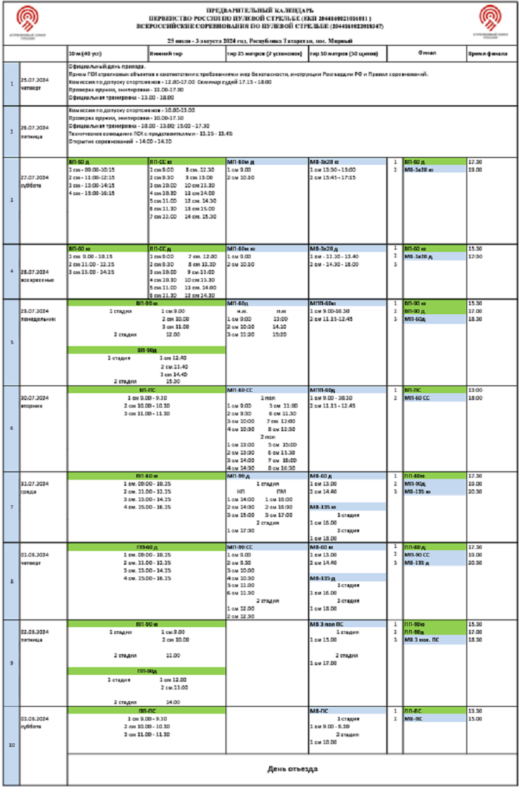 Стрельба пулевая - Казань 2024 малокалиберное до 19 лет - расписание