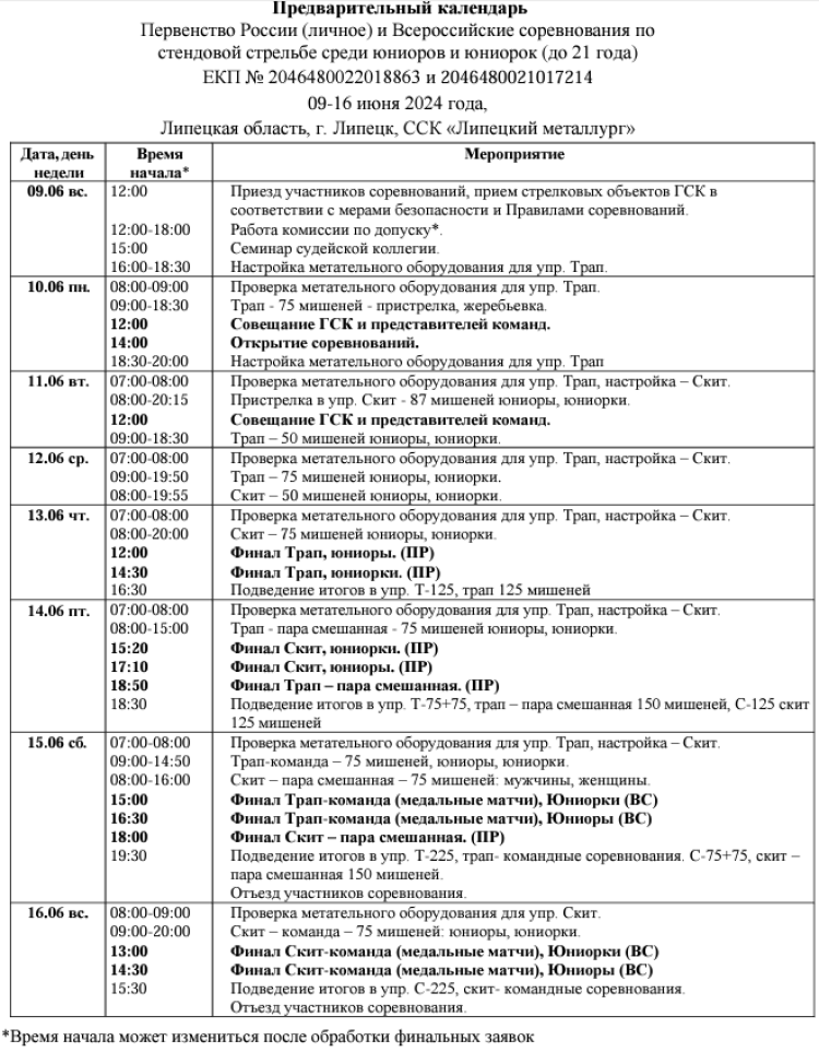 Стрельба стендовая - Липецк до 21 года личное - календарь