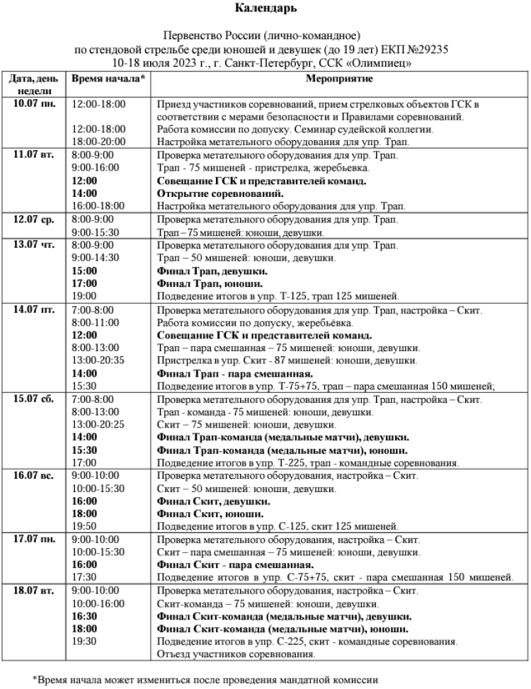 Стрельба стендовая - СПб U19 - календарь