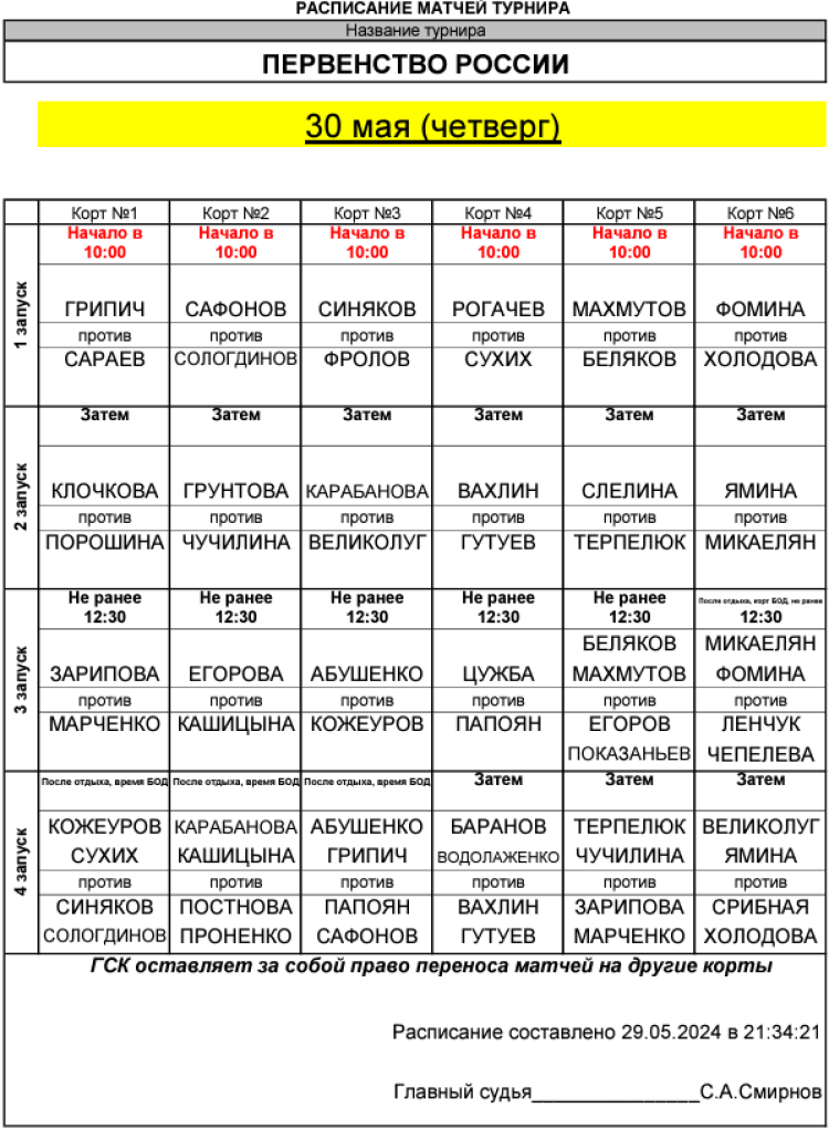 Теннис - Балашиха 13-14 лет - расписание игр на 30 мая