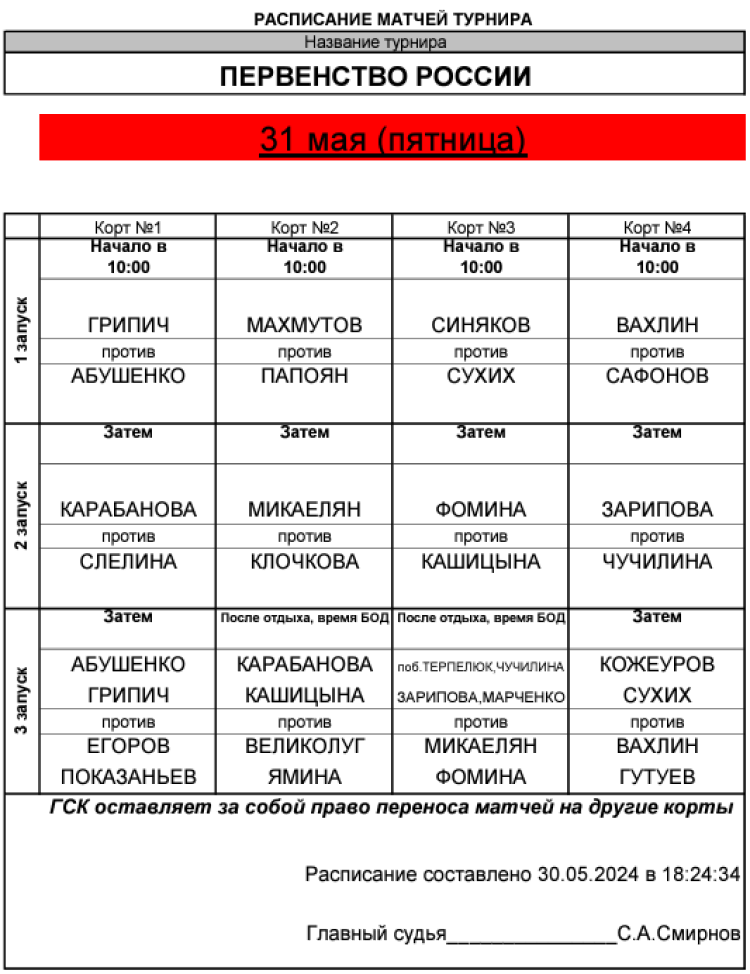 Теннис - Балашиха 13-14 лет - расписание игр на 31 мая