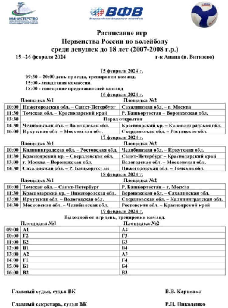 Волейбол - Анапа девушки U18 - расписание игр
