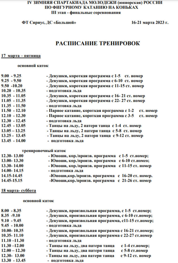 Зимняя Спартакиада молодежи - фигурное катание Сочи - расписание тренировок1