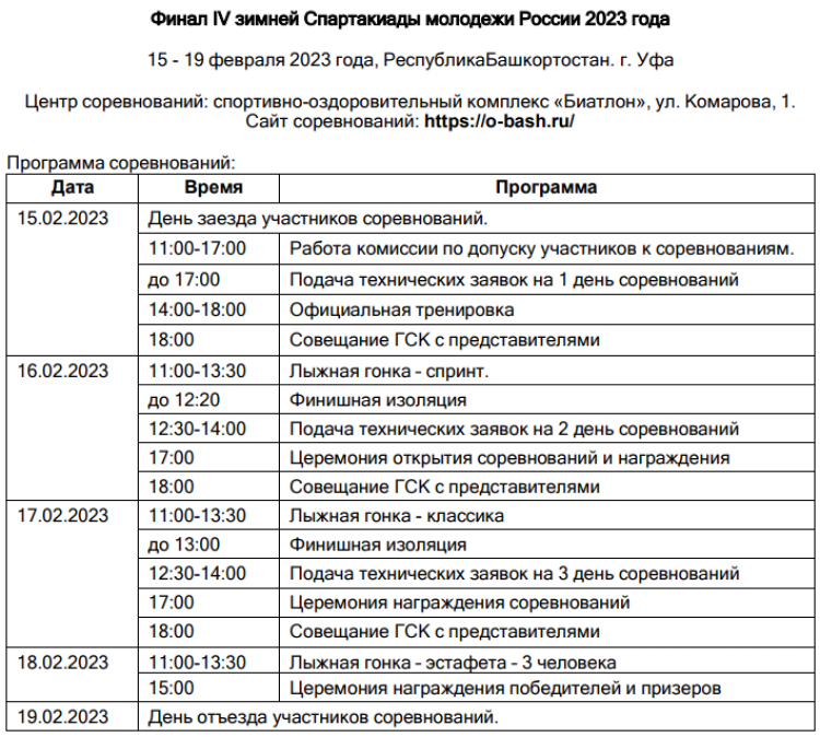 Зимняя Спартакиада молодежи - спортивное ориентирование - Уфа - программа