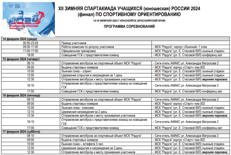 Зимняя Спартакиада учащихся 2024 - спортивное ориентирование - Красноярск - программа
